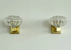 New Pamono Italian Art Deco Style Murano Glass and Brass Wall Sconces, 1990s, Set of 2