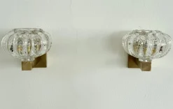 New Pamono Italian Art Deco Style Murano Glass and Brass Wall Sconces, 1990s, Set of 2