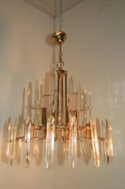 Clearance Pamono Italian Brass & Glass Chandelier, 1970s