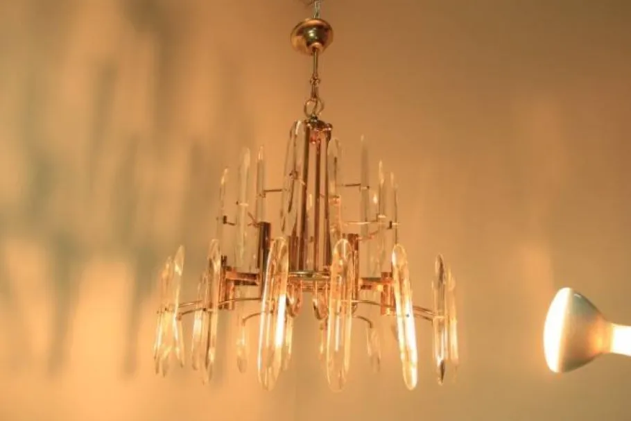 Clearance Pamono Italian Brass & Glass Chandelier, 1970s