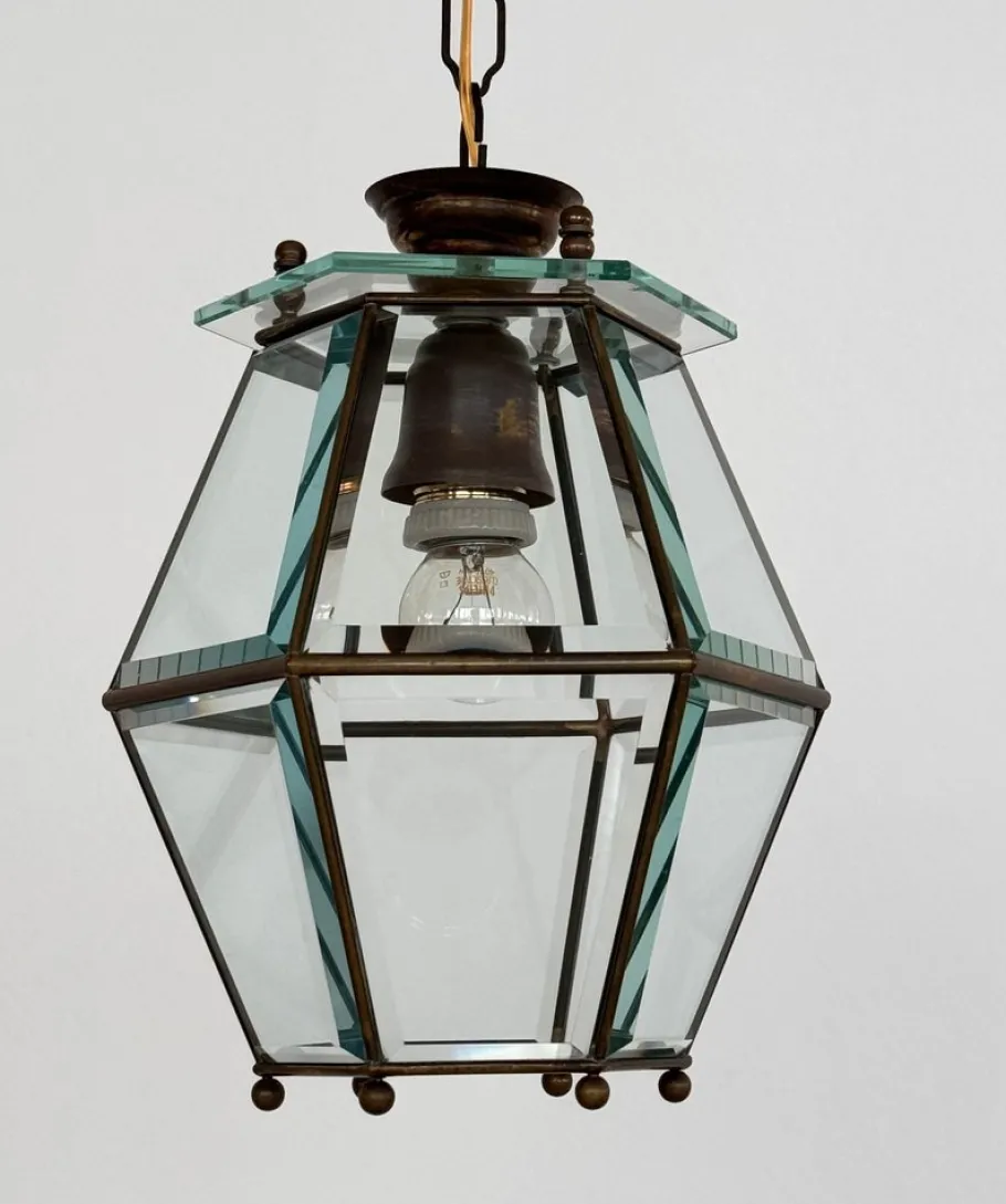New Pamono Italian Brass and Cut Glass Pendant Lamp, 1960s