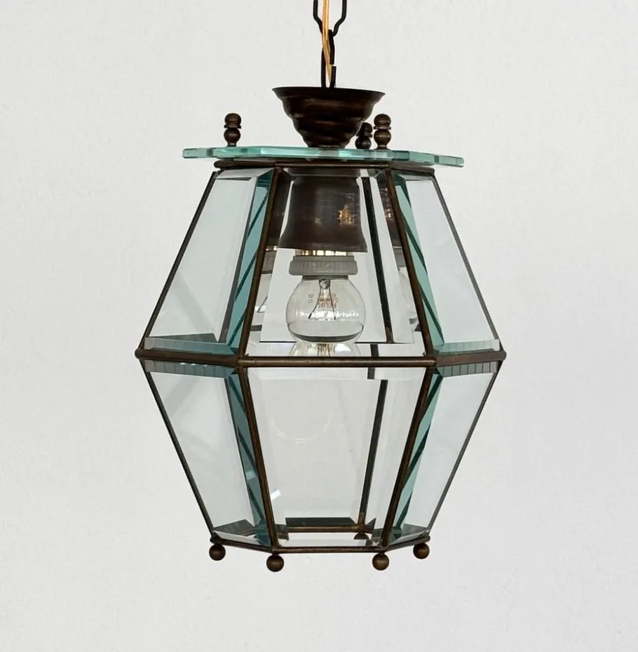 New Pamono Italian Brass and Cut Glass Pendant Lamp, 1960s