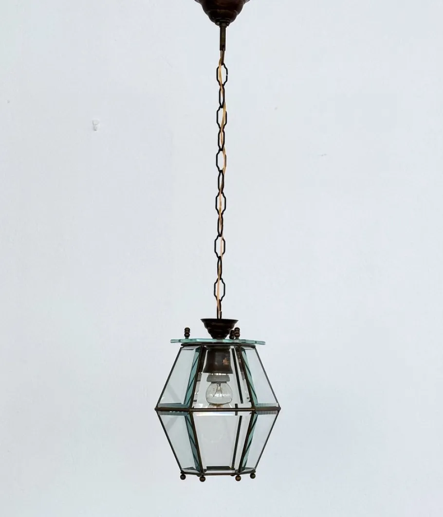 New Pamono Italian Brass and Cut Glass Pendant Lamp, 1960s