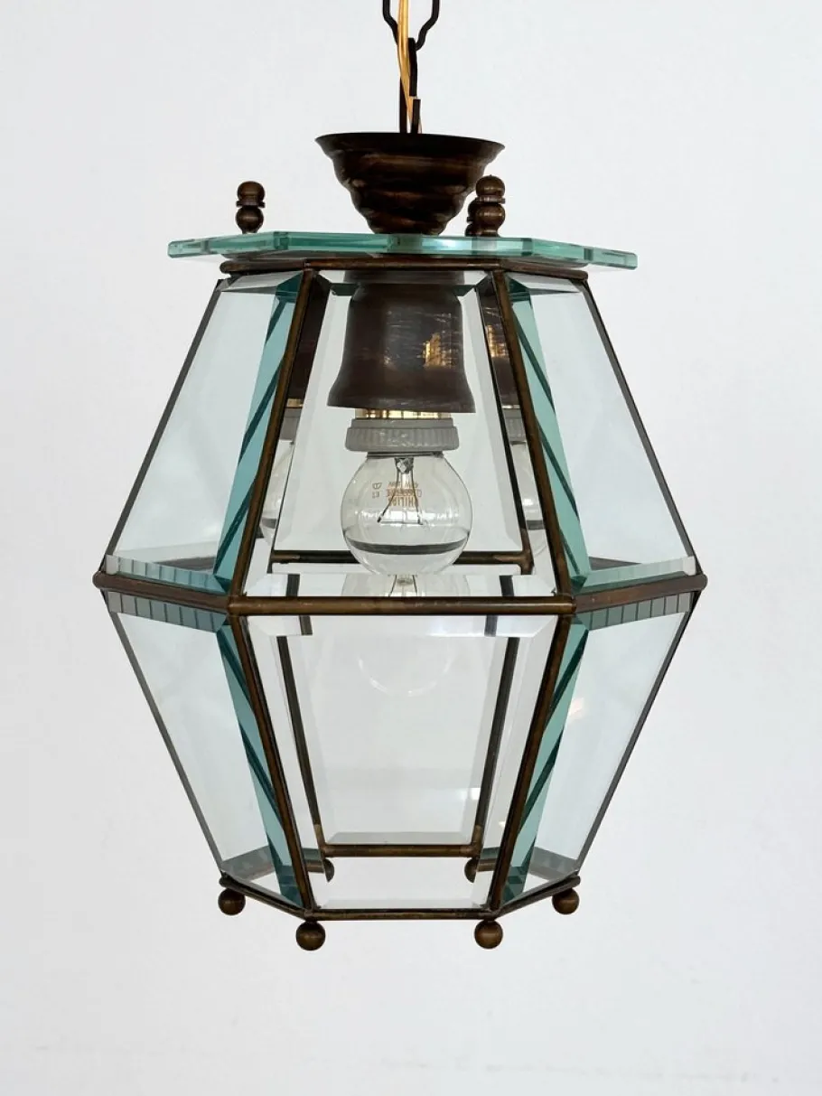 New Pamono Italian Brass and Cut Glass Pendant Lamp, 1960s