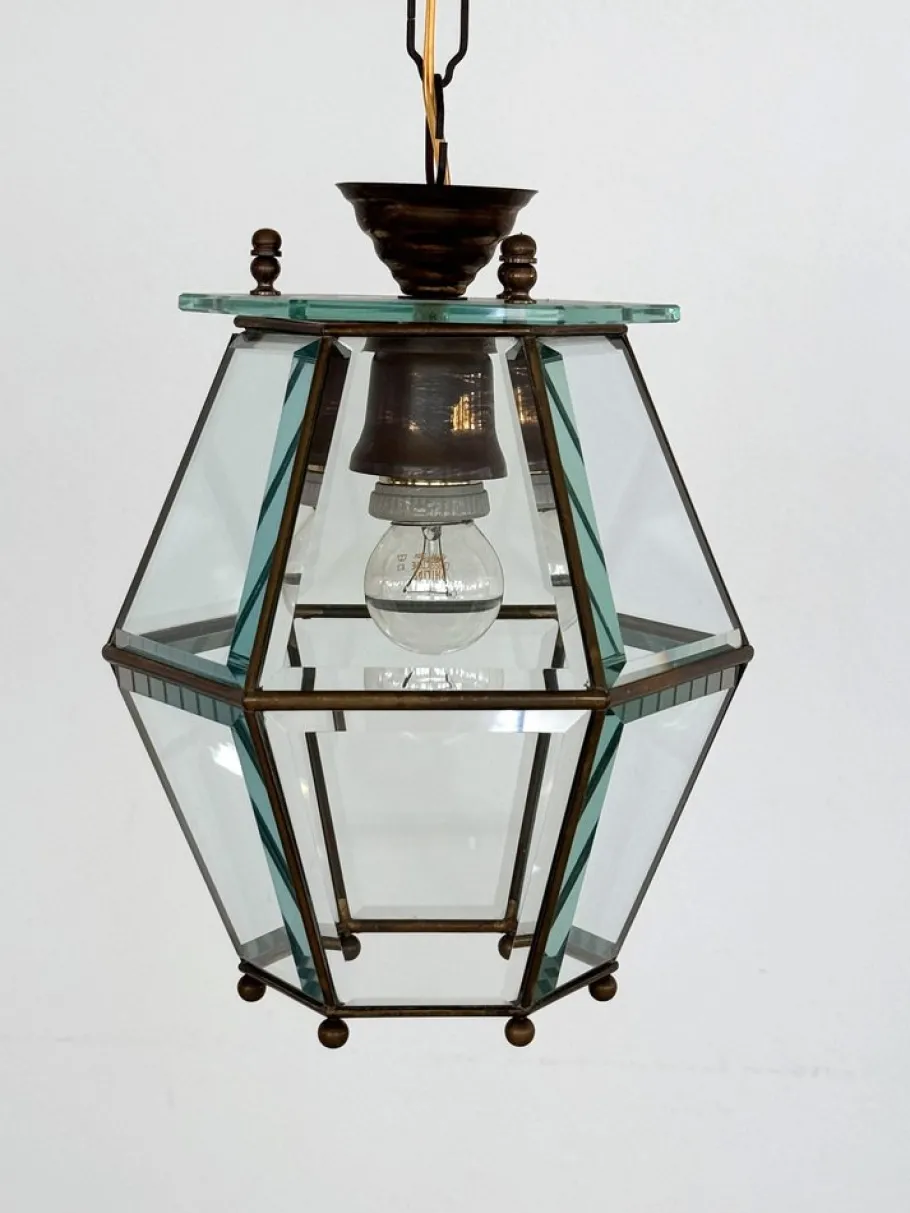 New Pamono Italian Brass and Cut Glass Pendant Lamp, 1960s