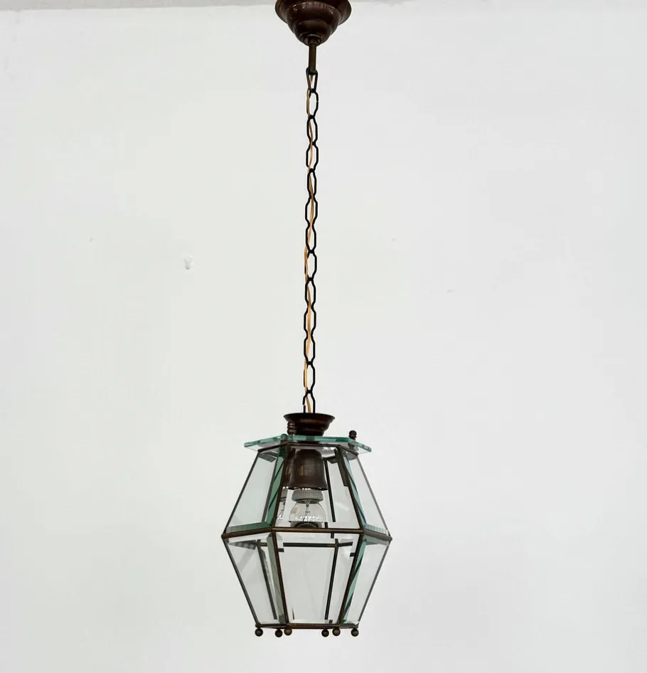 New Pamono Italian Brass and Cut Glass Pendant Lamp, 1960s