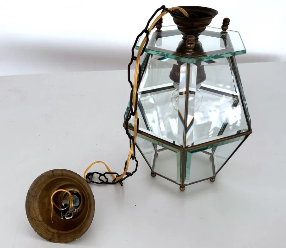 New Pamono Italian Brass and Cut Glass Pendant Lamp, 1960s