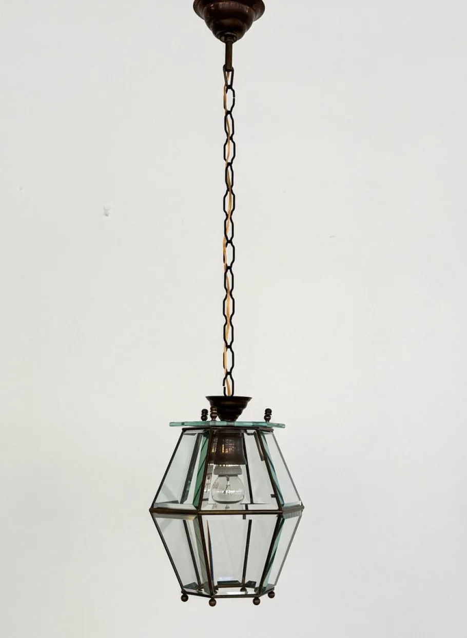 New Pamono Italian Brass and Cut Glass Pendant Lamp, 1960s