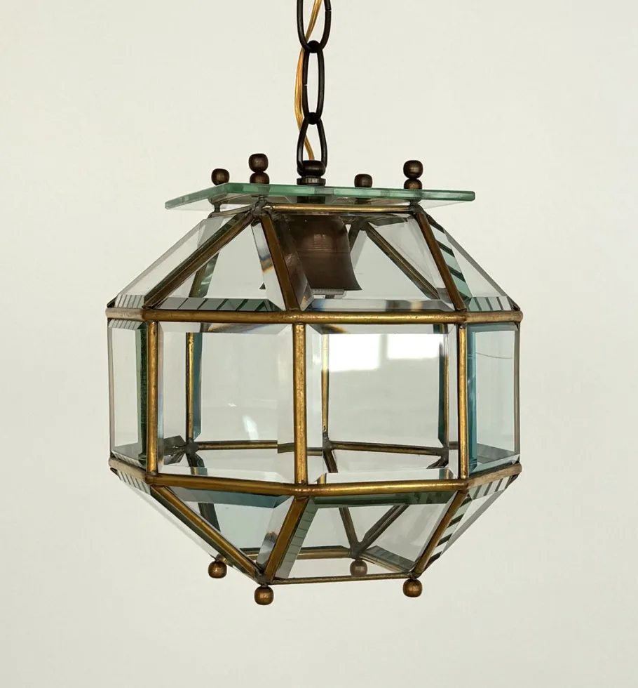 New Pamono Italian Brass and Cut Glass Pendant Lamp, 1960s