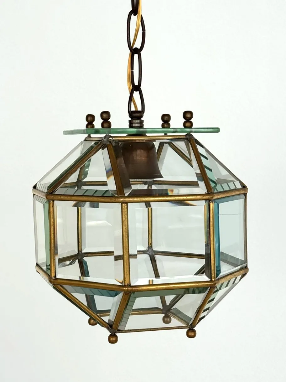 New Pamono Italian Brass and Cut Glass Pendant Lamp, 1960s