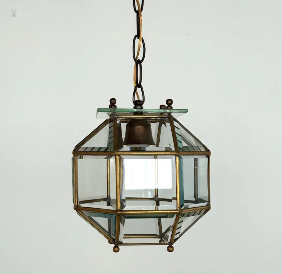 New Pamono Italian Brass and Cut Glass Pendant Lamp, 1960s