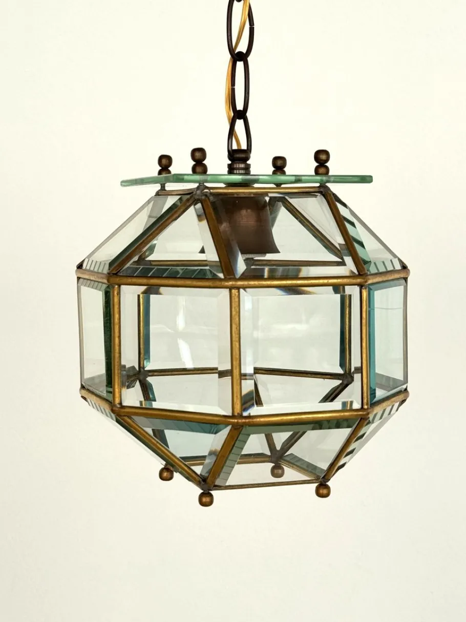 New Pamono Italian Brass and Cut Glass Pendant Lamp, 1960s