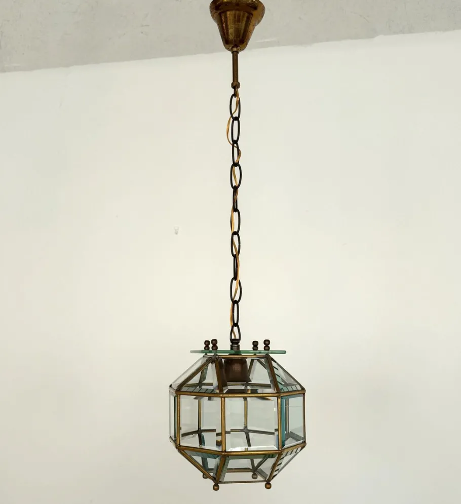 New Pamono Italian Brass and Cut Glass Pendant Lamp, 1960s