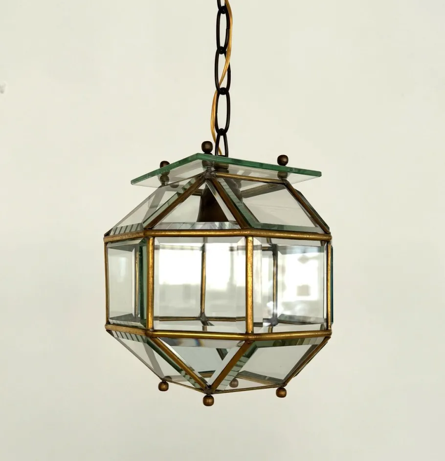 New Pamono Italian Brass and Cut Glass Pendant Lamp, 1960s
