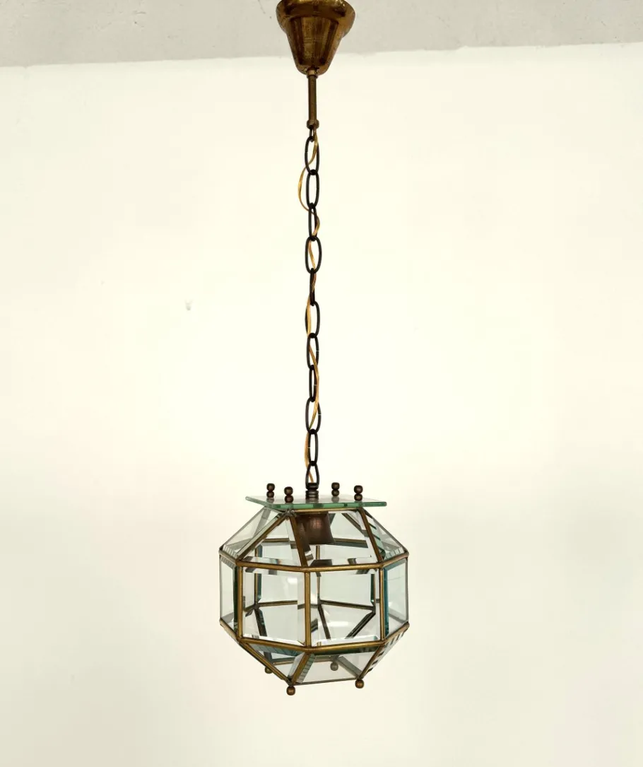 New Pamono Italian Brass and Cut Glass Pendant Lamp, 1960s