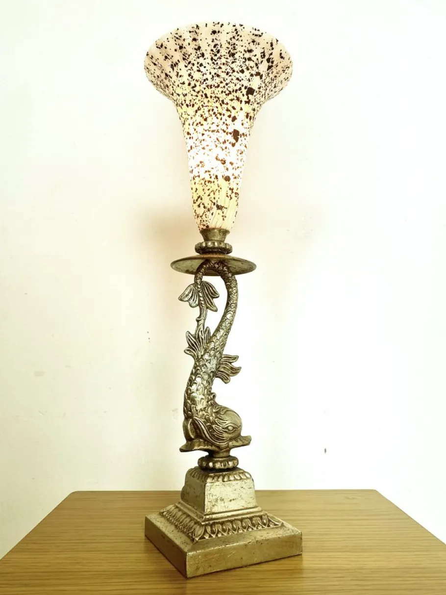 Online Pamono Italian Brass Dolphin Table Lamp with Murano Glass Lampshade, 1970s