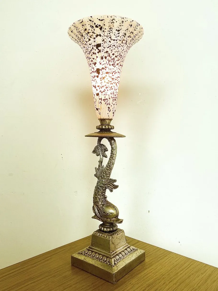 Online Pamono Italian Brass Dolphin Table Lamp with Murano Glass Lampshade, 1970s