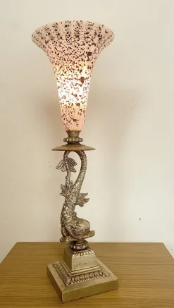 Online Pamono Italian Brass Dolphin Table Lamp with Murano Glass Lampshade, 1970s