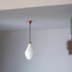 Online Pamono Italian Brass Pendant Lamp with Opaline Glass Shade and Red Canopy, 1950s