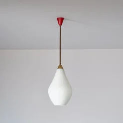Online Pamono Italian Brass Pendant Lamp with Opaline Glass Shade and Red Canopy, 1950s