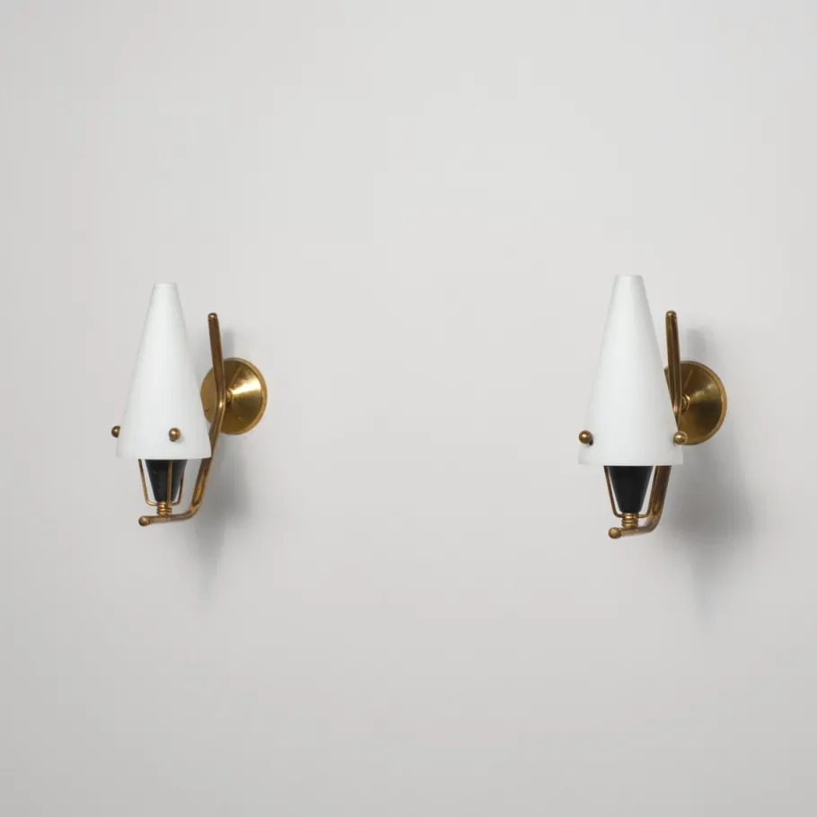 Clearance Pamono Italian Brass Sconces with Conical Opaline Glass Shades, 1950s, Set of 2