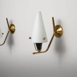 Clearance Pamono Italian Brass Sconces with Conical Opaline Glass Shades, 1950s, Set of 2