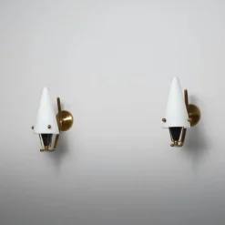 Clearance Pamono Italian Brass Sconces with Conical Opaline Glass Shades, 1950s, Set of 2