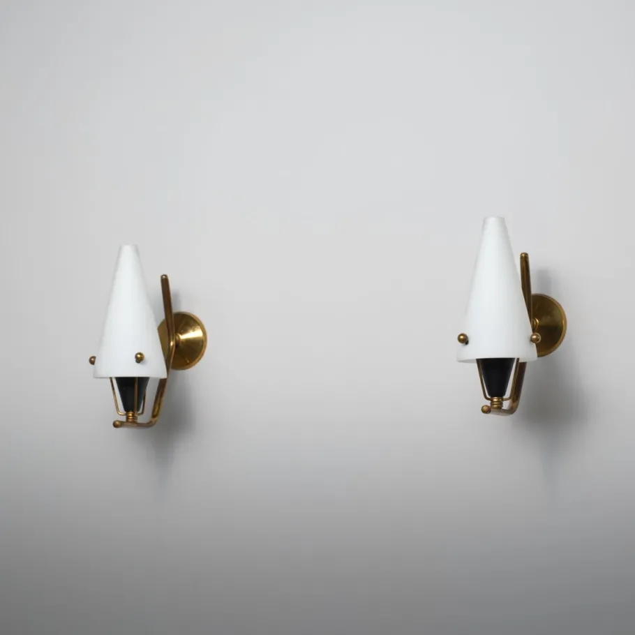 Clearance Pamono Italian Brass Sconces with Conical Opaline Glass Shades, 1950s, Set of 2