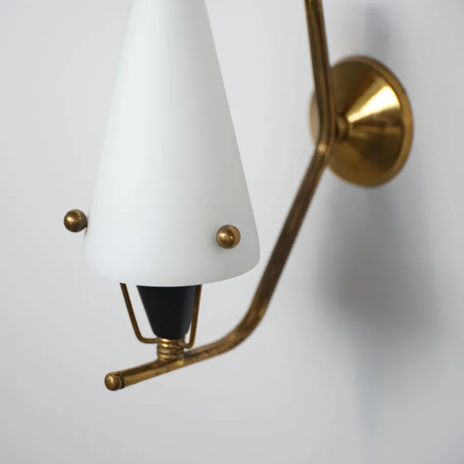 Clearance Pamono Italian Brass Sconces with Conical Opaline Glass Shades, 1950s, Set of 2