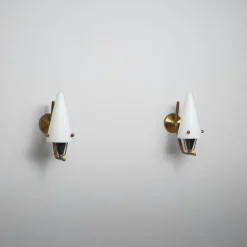 Clearance Pamono Italian Brass Sconces with Conical Opaline Glass Shades, 1950s, Set of 2