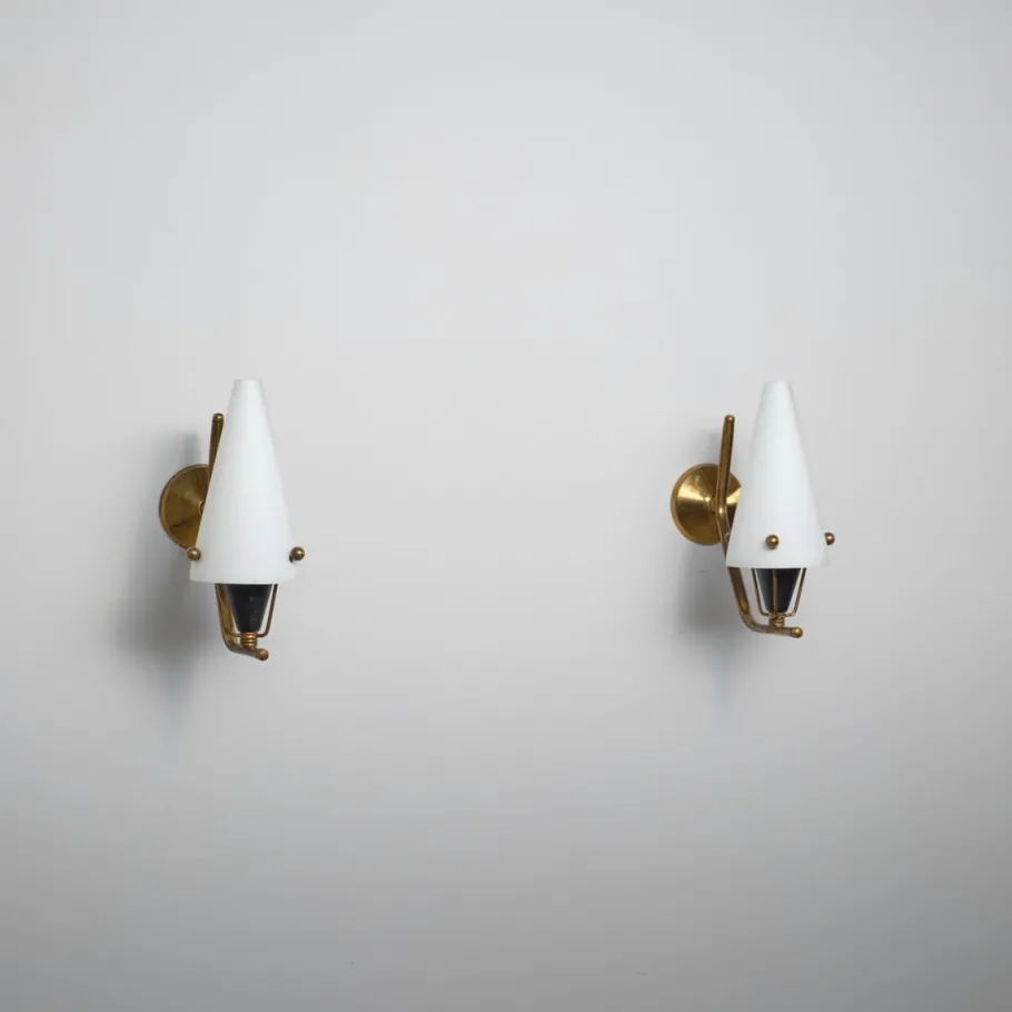 Clearance Pamono Italian Brass Sconces with Conical Opaline Glass Shades, 1950s, Set of 2
