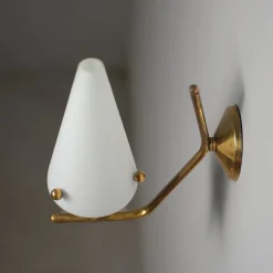 Clearance Pamono Italian Brass Sconces with Conical Opaline Glass Shades, 1950s, Set of 2