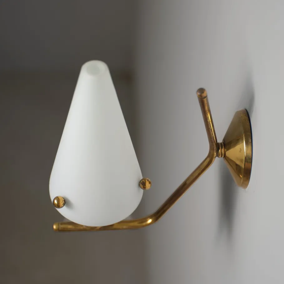 Clearance Pamono Italian Brass Sconces with Conical Opaline Glass Shades, 1950s, Set of 2