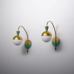 Discount Pamono Italian Brass Sconces with Opaline Globes attributed to Stilnovo, 1950s, Set of 2