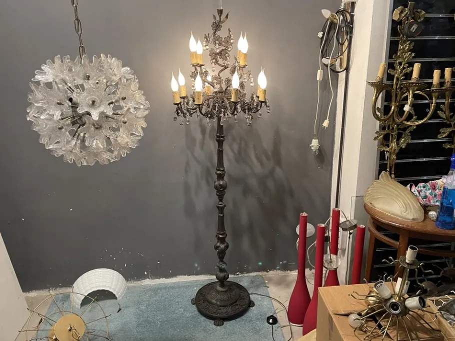 Clearance Pamono Italian Bronze and Crystal Flower Floor Lamp, 1950s
