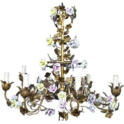 Clearance Pamono Italian Cage Form Chandelier with Porcelain Flowers