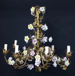 Clearance Pamono Italian Cage Form Chandelier with Porcelain Flowers