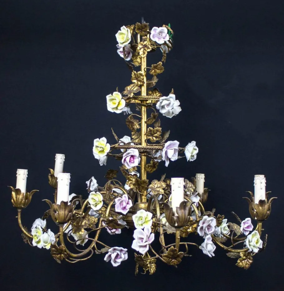 Clearance Pamono Italian Cage Form Chandelier with Porcelain Flowers
