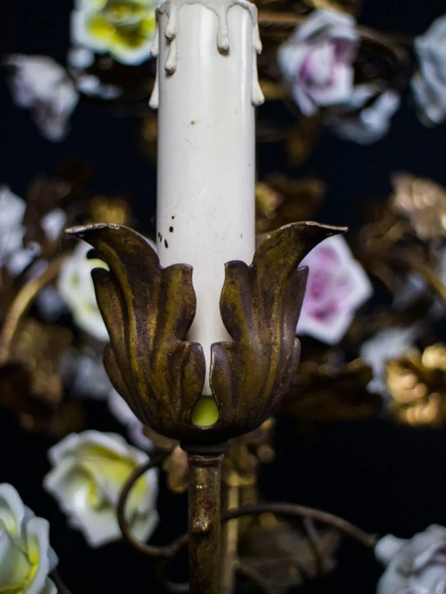 Clearance Pamono Italian Cage Form Chandelier with Porcelain Flowers