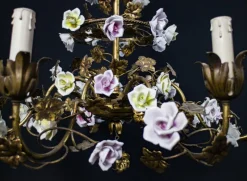 Clearance Pamono Italian Cage Form Chandelier with Porcelain Flowers