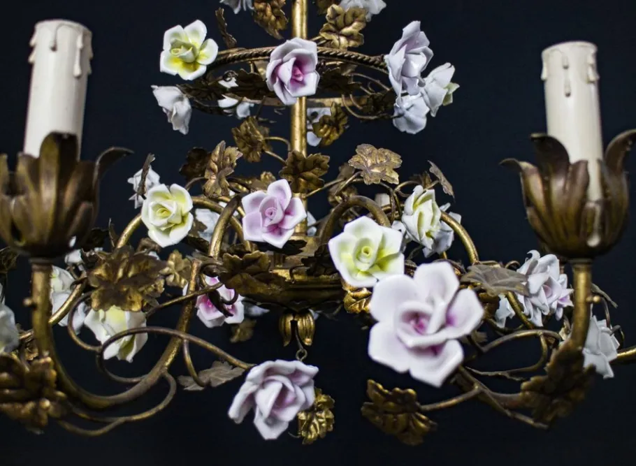Clearance Pamono Italian Cage Form Chandelier with Porcelain Flowers