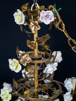 Clearance Pamono Italian Cage Form Chandelier with Porcelain Flowers