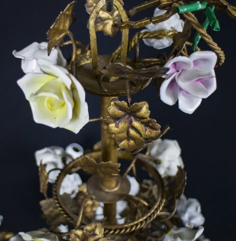 Clearance Pamono Italian Cage Form Chandelier with Porcelain Flowers