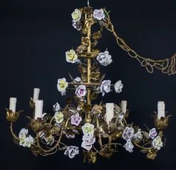 Clearance Pamono Italian Cage Form Chandelier with Porcelain Flowers