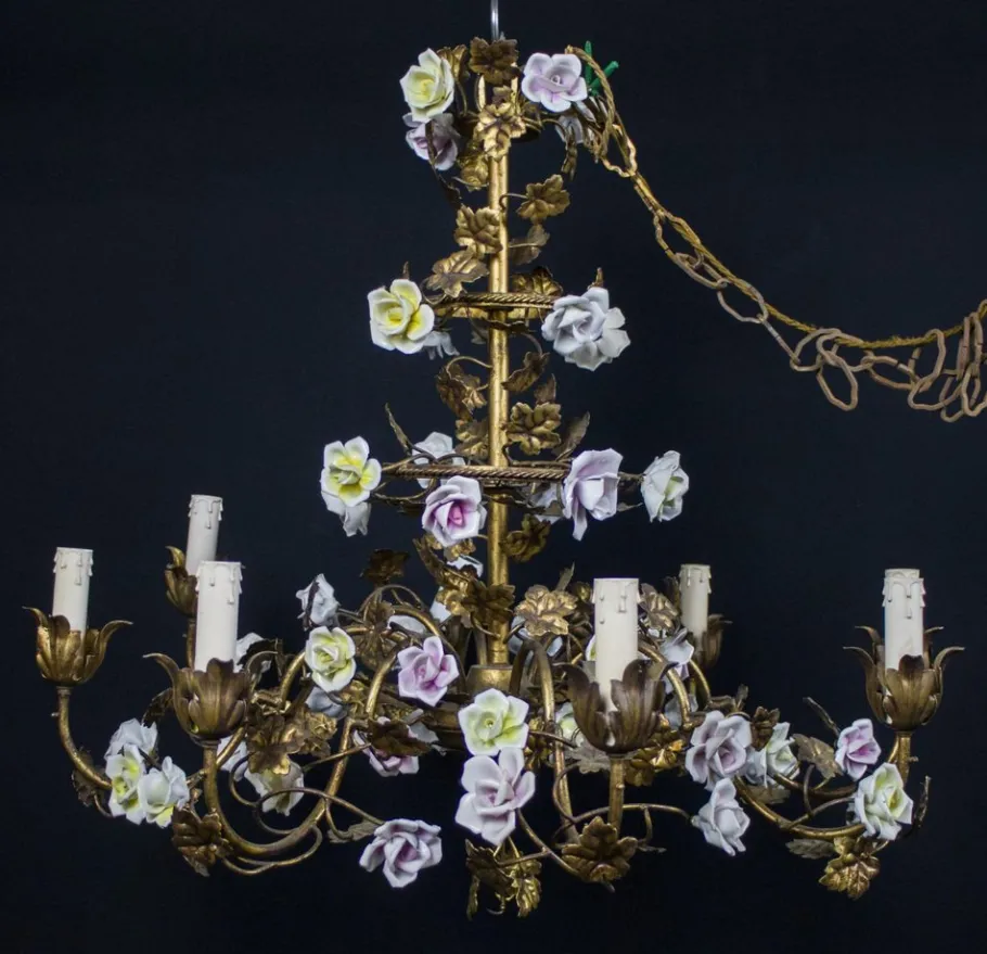 Clearance Pamono Italian Cage Form Chandelier with Porcelain Flowers