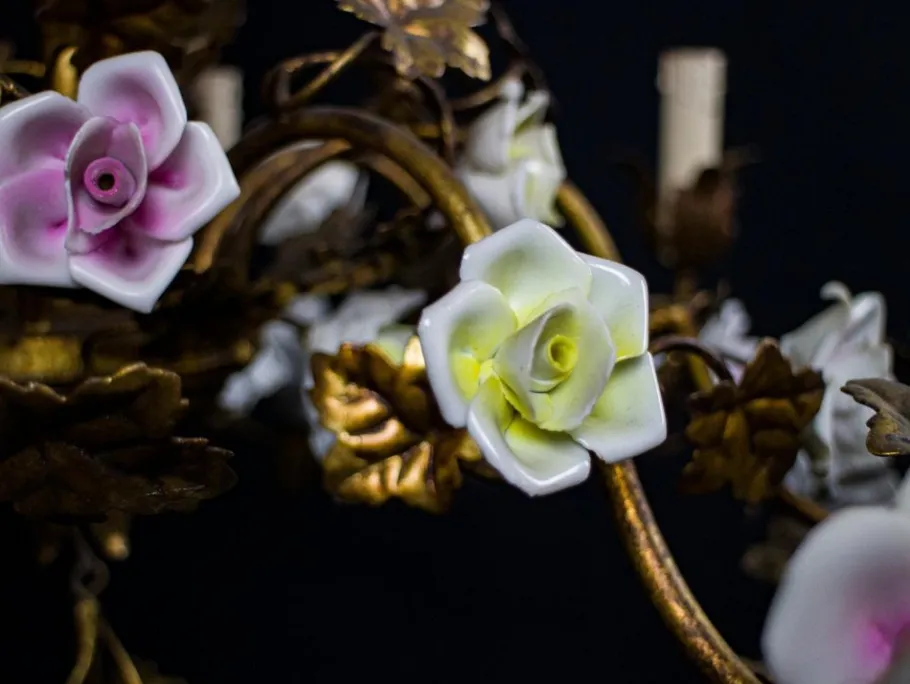 Clearance Pamono Italian Cage Form Chandelier with Porcelain Flowers