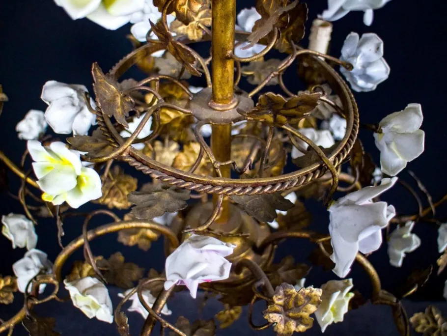 Clearance Pamono Italian Cage Form Chandelier with Porcelain Flowers
