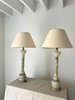 Online Pamono Italian Carved Alabaster Marble Column Lamps, 20th Century, Set of 2