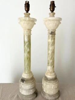 Online Pamono Italian Carved Alabaster Marble Column Lamps, 20th Century, Set of 2