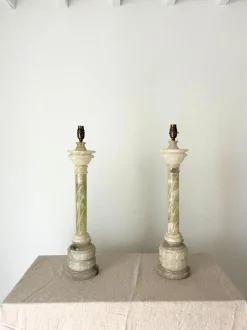 Online Pamono Italian Carved Alabaster Marble Column Lamps, 20th Century, Set of 2